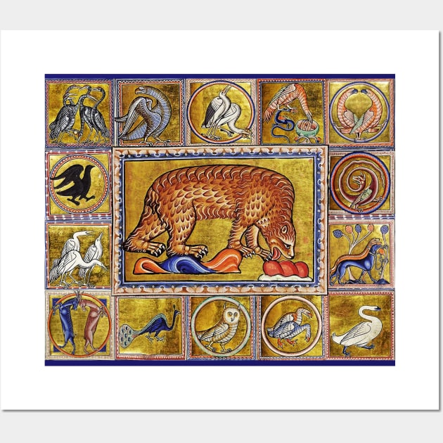 MEDIEVAL BESTIARY,BEAR, FANTASTIC ANIMALS IN GOLD RED BLUE COLORS Wall Art by BulganLumini